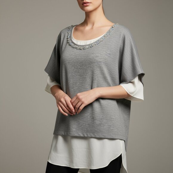 $395 ROBERT RODRIGUEZ jeweled crewneck layered sweatshirt silk top M - Picture 3 of 9